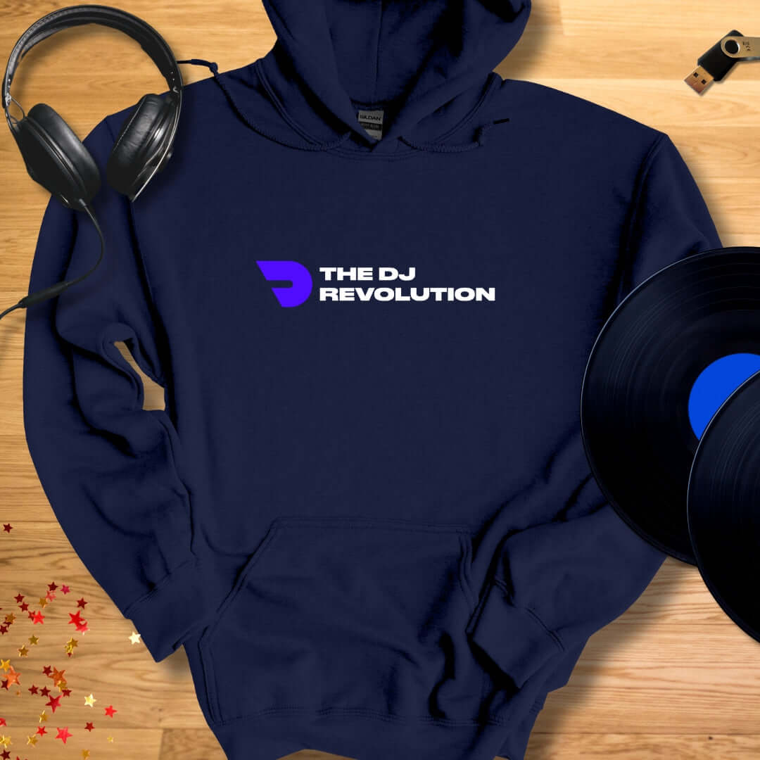 Unisex DJ Hoodie 'The DJ Revolution' design in navy, front view