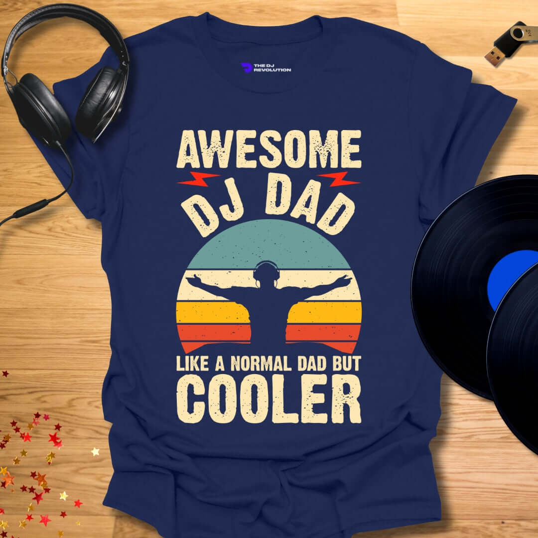 Unisex DJ T-shirt, 'Awesome DJ Dad' design in navy, front view