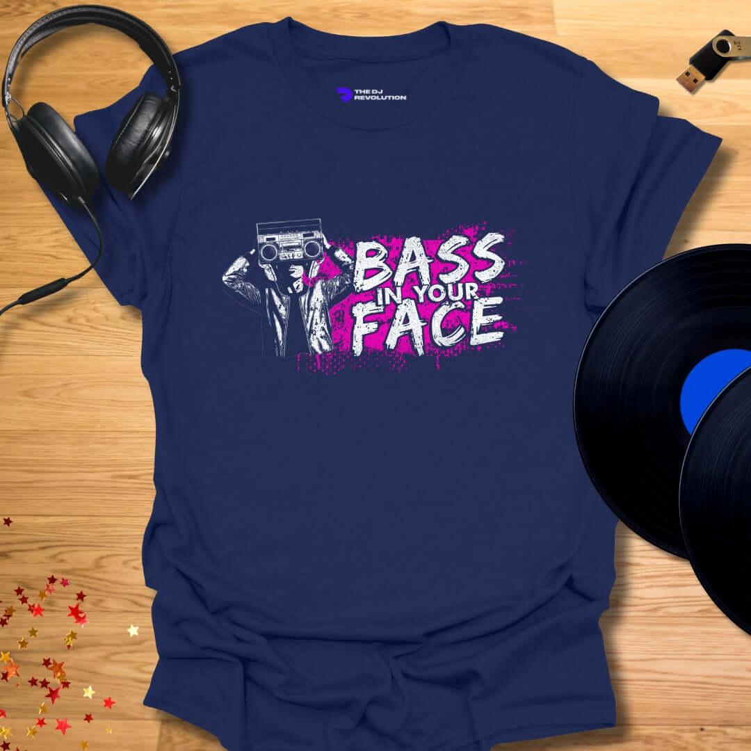 Unisex DJ T-shirt, 'Bass In Your Face' design in navy, front view