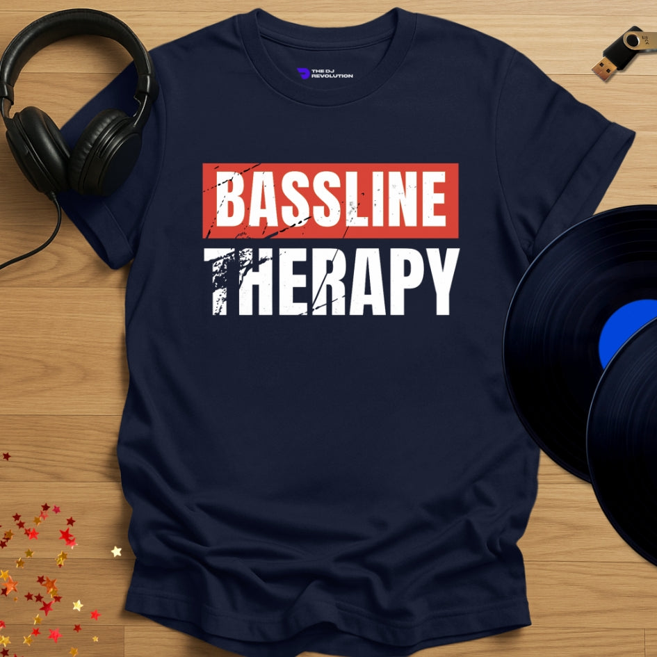 Rave DJ T-shirt, 'Bassline Therapy' design in navy, front view