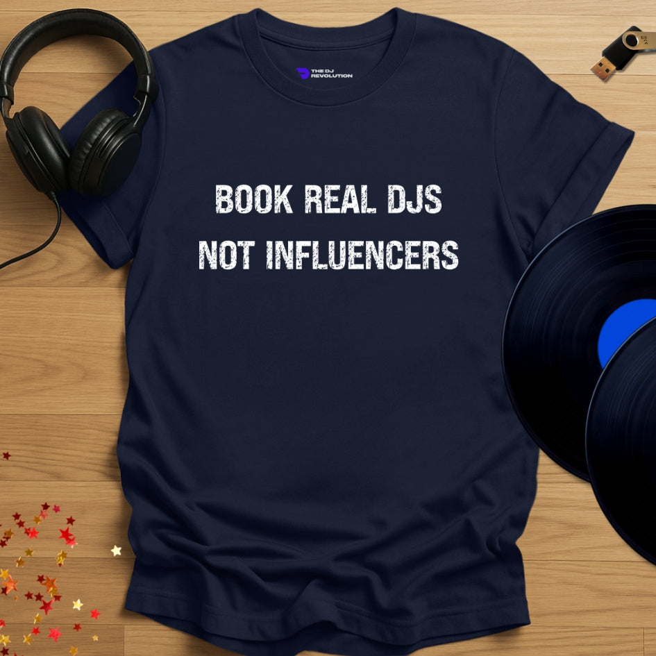 Unisex DJ T-shirt, 'Book Real DJs' design in navy, front view