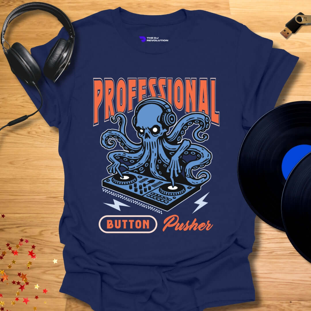 Funny DJ T-shirt, 'Button Pusher' design in navy, front view