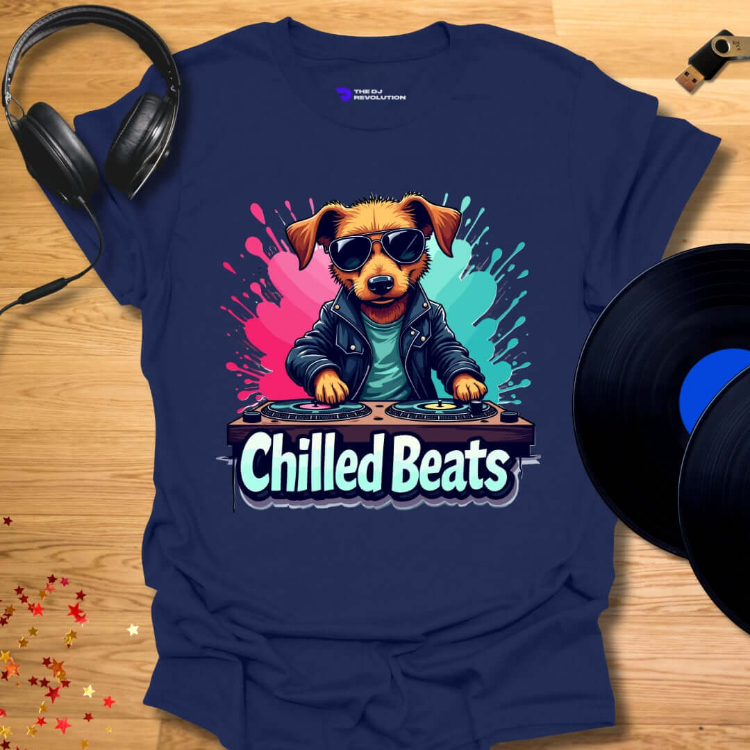 Unisex DJ T-shirt, 'Chilled Beats' dog design in navy, front view