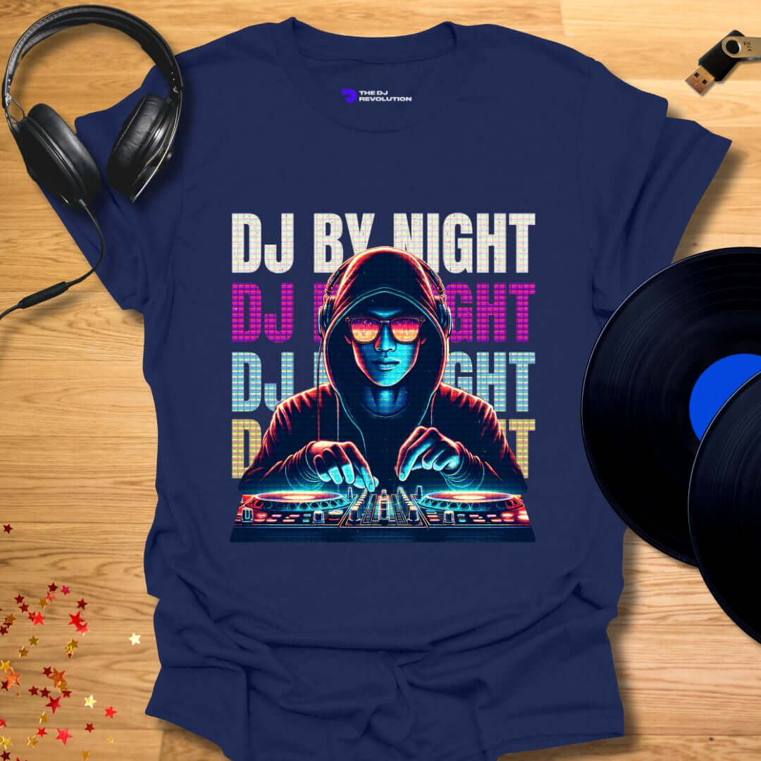 Unisex DJ T-shirt, 'DJ By Night' design in navy, front view