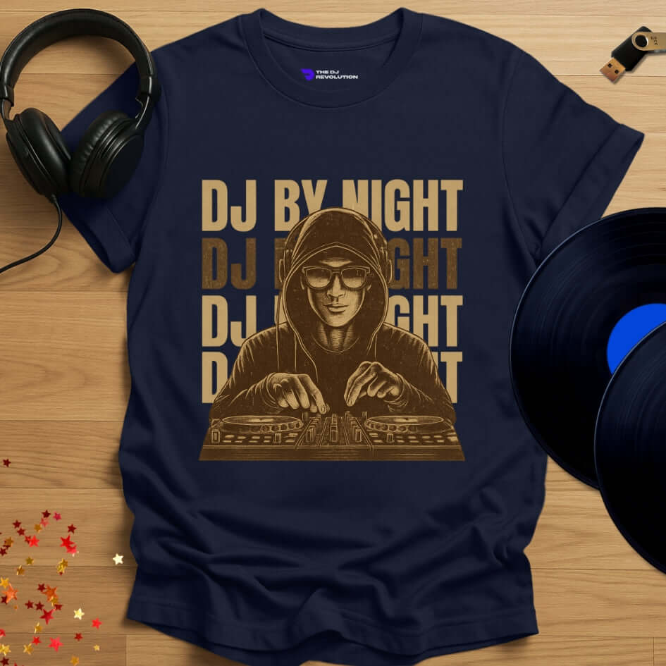 Unisex DJ T-shirt, 'DJ By Night' design in navy, front view