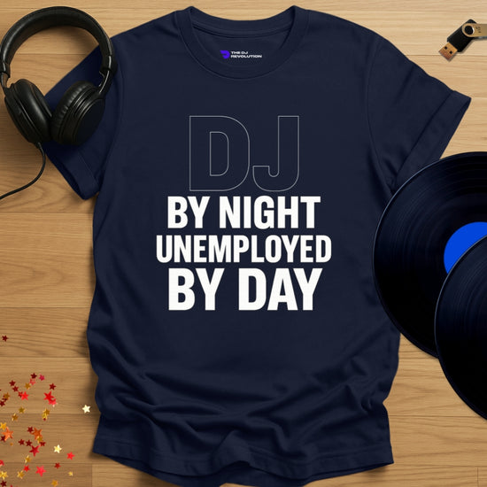 'DJ By Night', funny DJ T-shirt in navy, front view