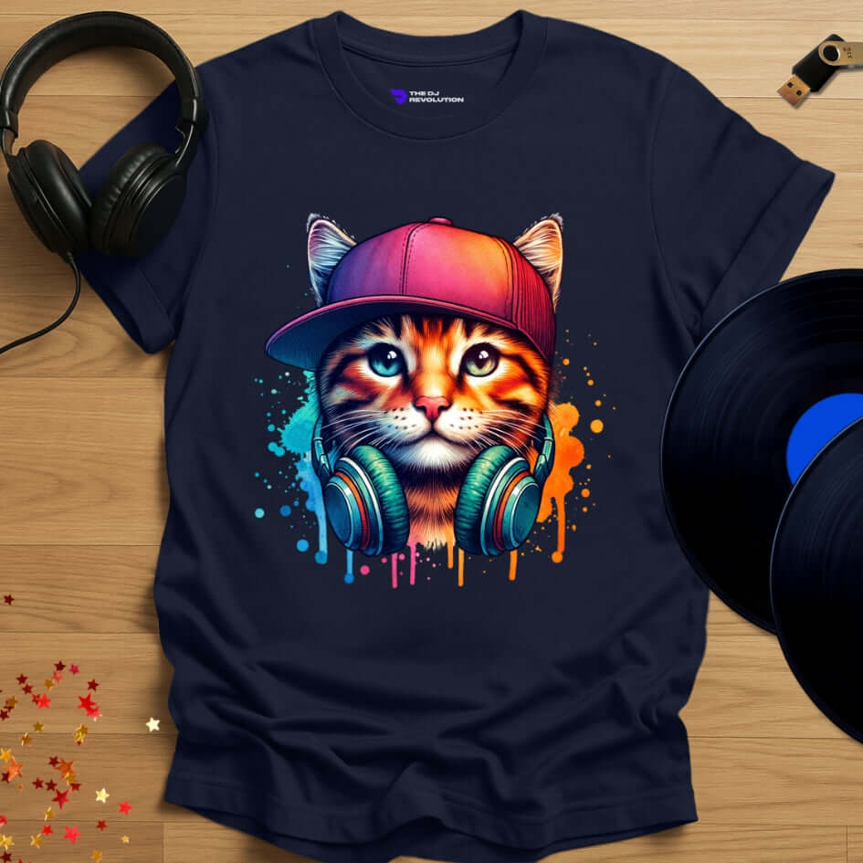 Cat DJ T-shirt, 'DJ Cool Cat' design in navy, front view
