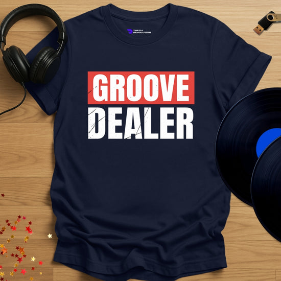 Rave DJ T-shirt, 'Groove Dealer' design in navy, front view