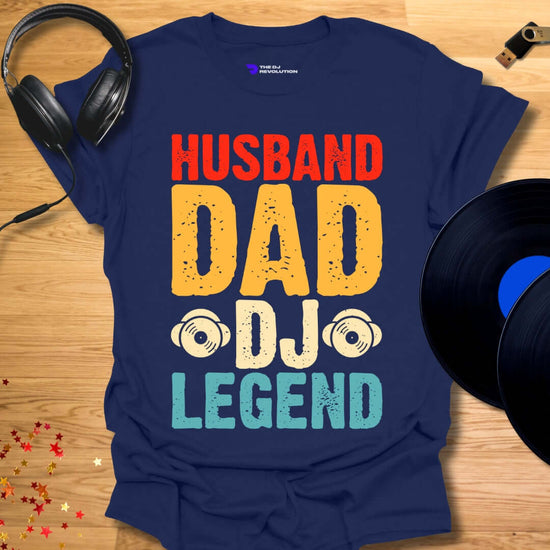 Funny DJ T-shirt, 'Husband DJ Legend' design in navy, front view