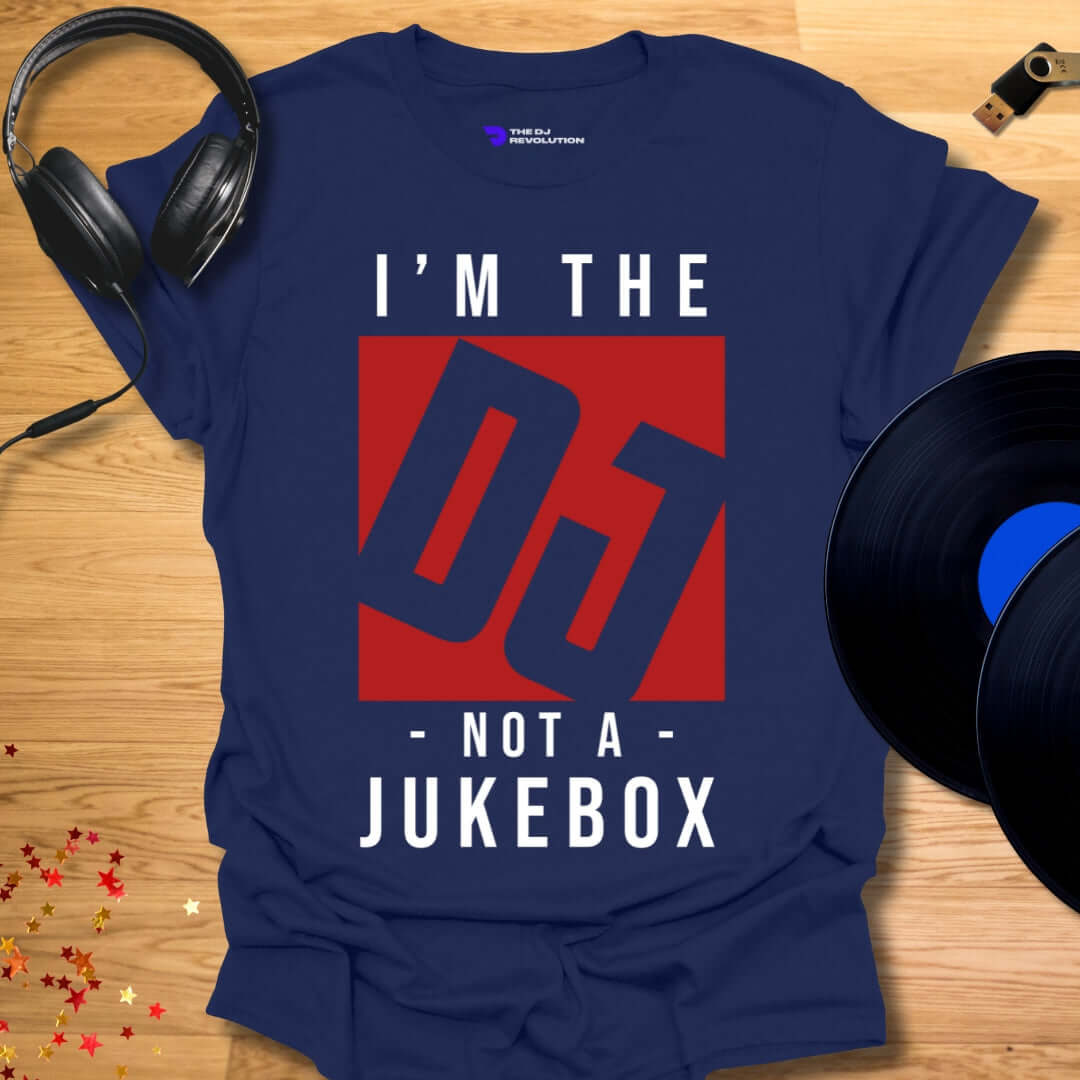 Funny DJ T-shirt, 'I’m Not A Jukebox' design in navy, front view