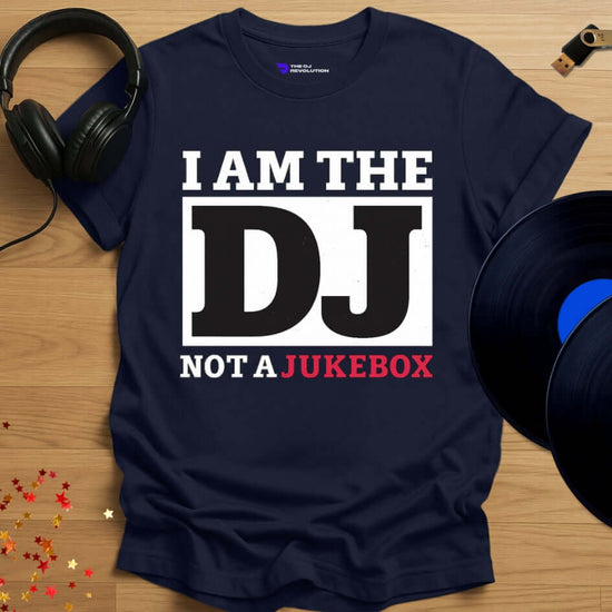 Funny DJ T-shirt, 'I’m Not A Jukebox' design in navy, front view