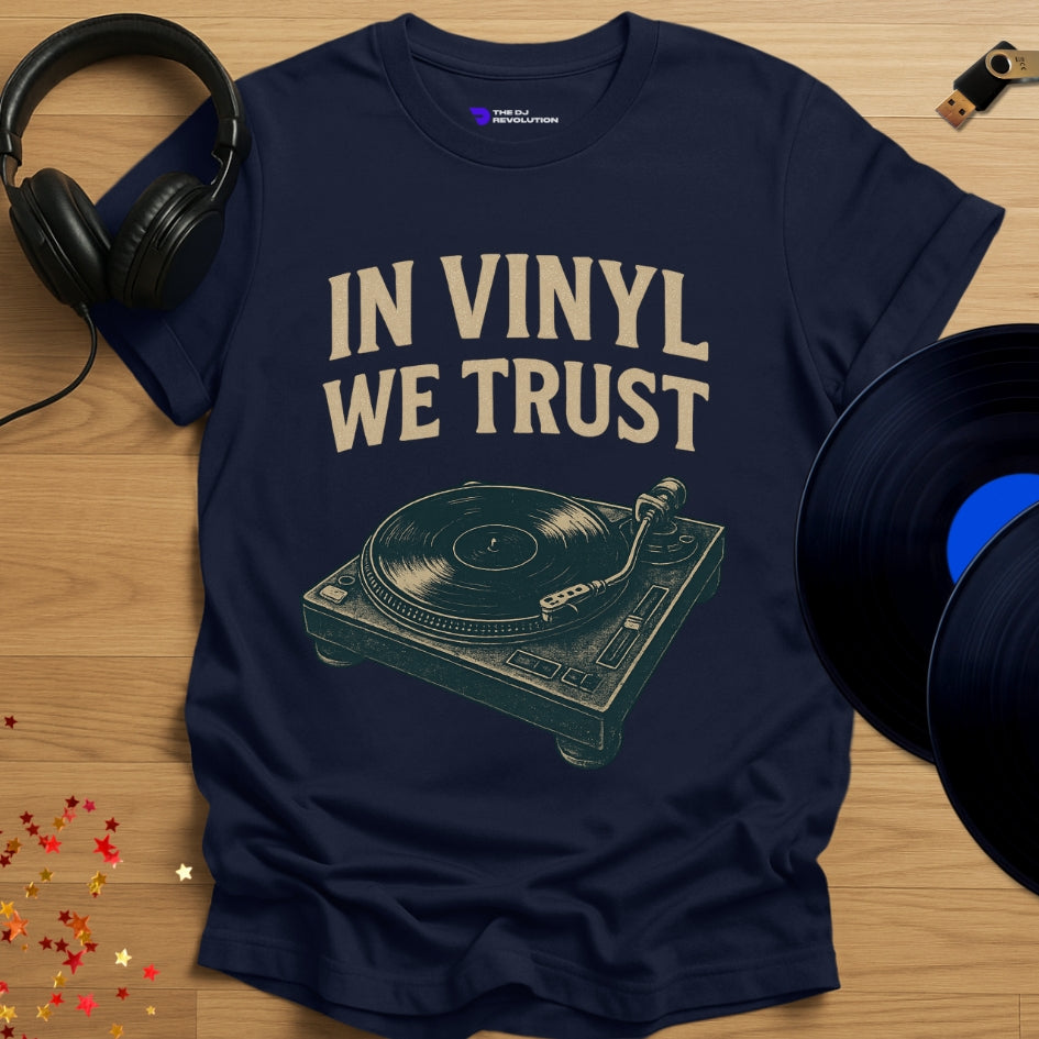 Vinyl DJ T-shirt, 'In Vinyl We Trust' design in navy, front view