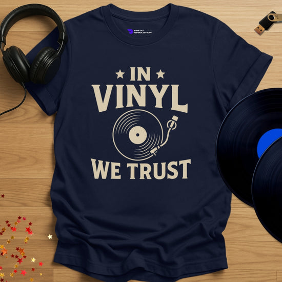 Vinyl DJ T-shirt, 'In Vinyl We Trust' design in navy, front view