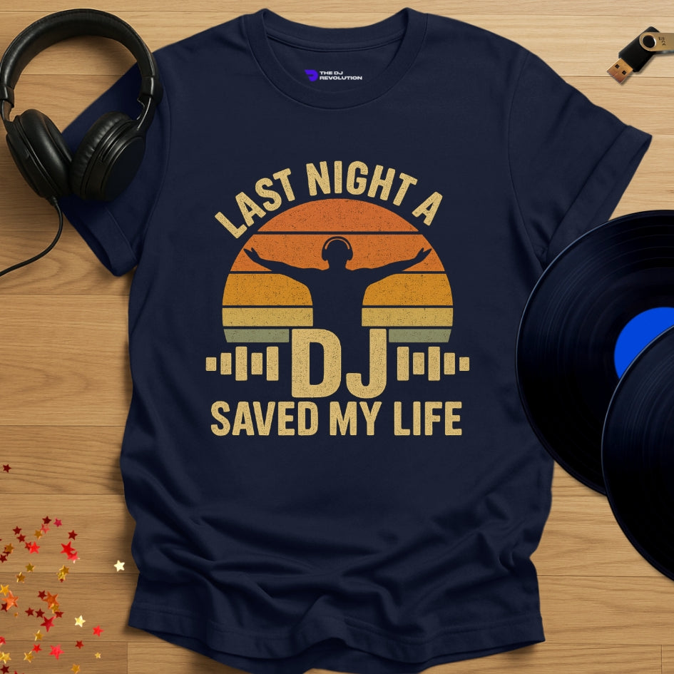 'Last Night A DJ Saved My Life' t-shirt in navy, front view
