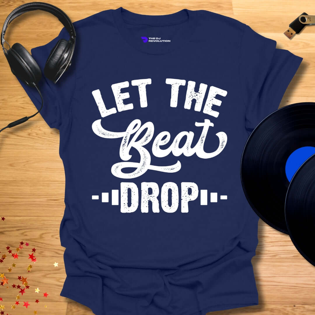 Unisex DJ T-shirt, 'Let The Beat Drop' design in navy, front view