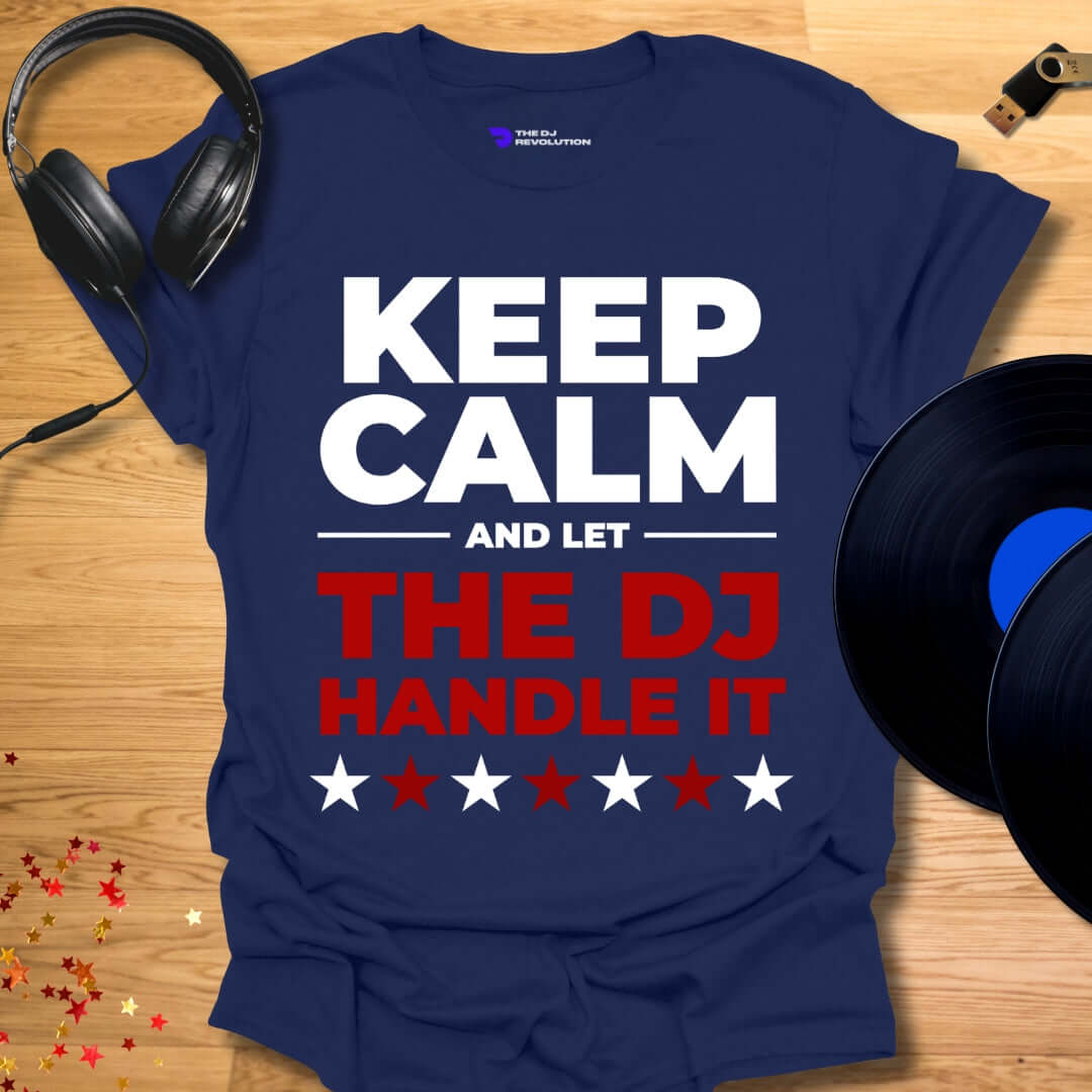 Funny DJ T-shirt, 'Let The DJ Handle It' design in navy, front view