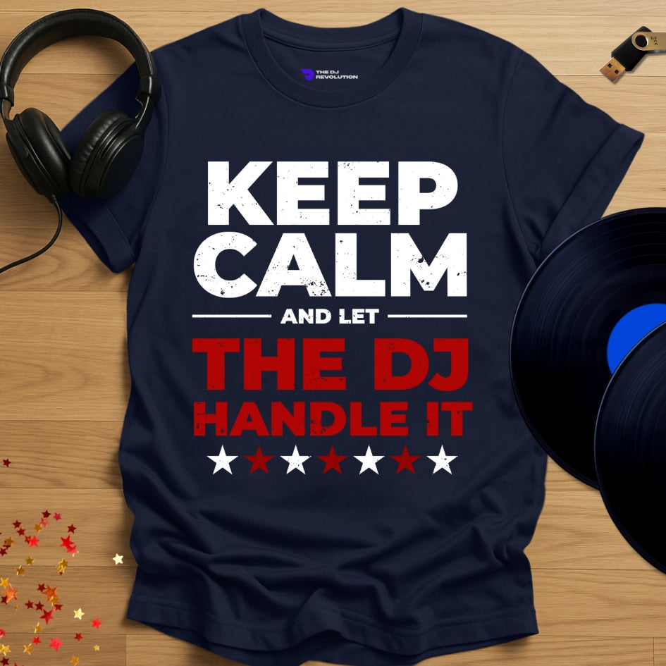Funny DJ T-shirt, 'Let The DJ Handle It' design in navy, front view