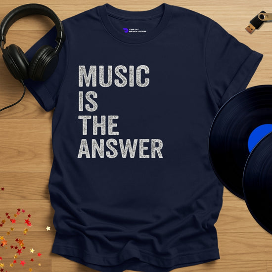 Music lover DJ T-shirt, 'Music Is The Answer' design in navy, front view