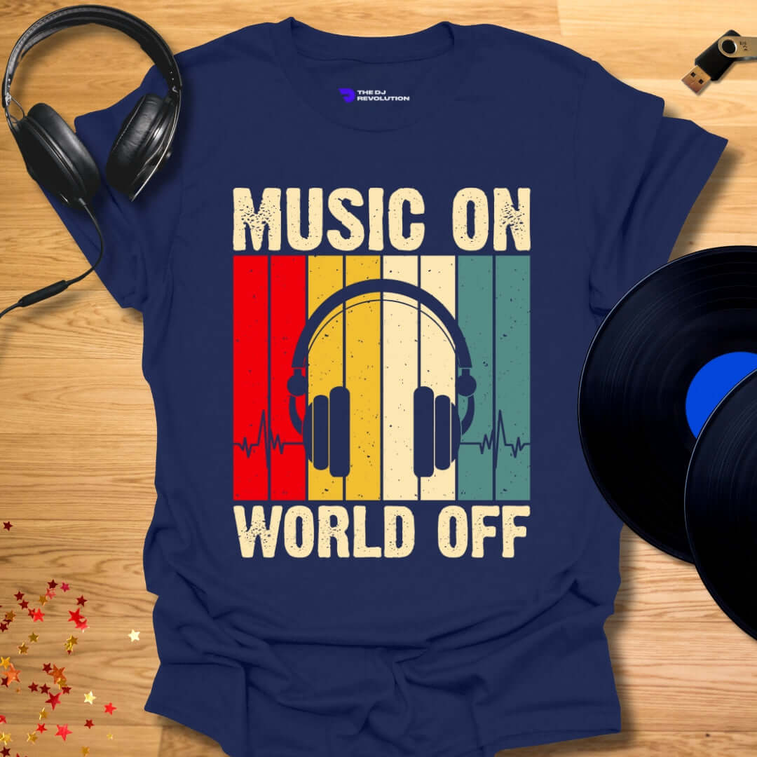 Unisex DJ T-shirt, 'Music On World Off' design in navy, front view