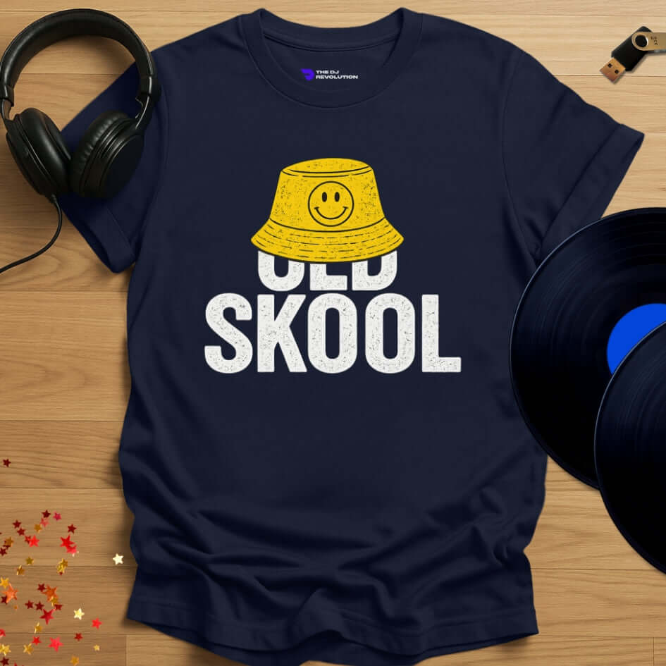 Rave DJ T-shirt, 'Old Skool Lover' design in navy, front view