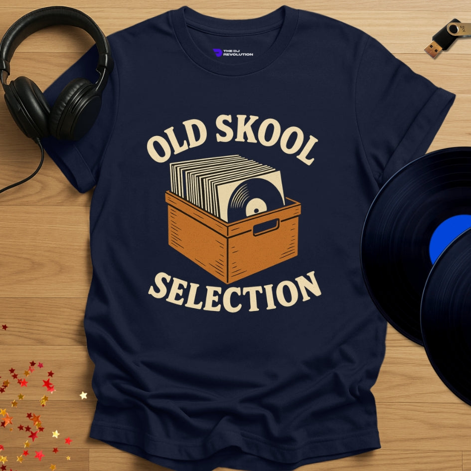 Vinyl DJ T-shirt, 'Old Skool Selection' design in navy, front view