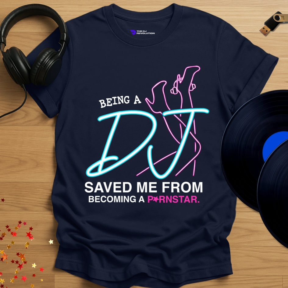Funny DJ T-shirt, 'Pornstar DJ' design in navy, front view