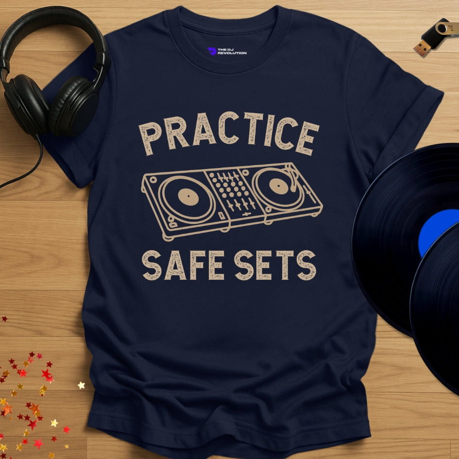 Funny DJ T-shirt, 'Practice Safe Sets' design in navy, front view