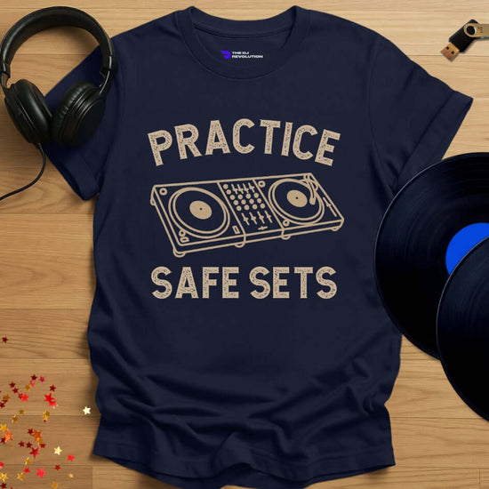 Funny DJ T-shirt, 'Practice Safe Sets' design in navy, front view