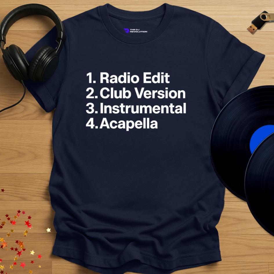 Unisex DJ T-shirt, 'Radio Edit Club Version’ design in navy, front view