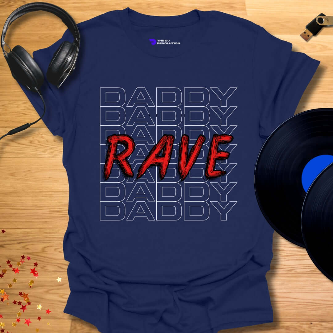 Funny DJ T-shirt, 'Rave Daddy' design in navy, front view