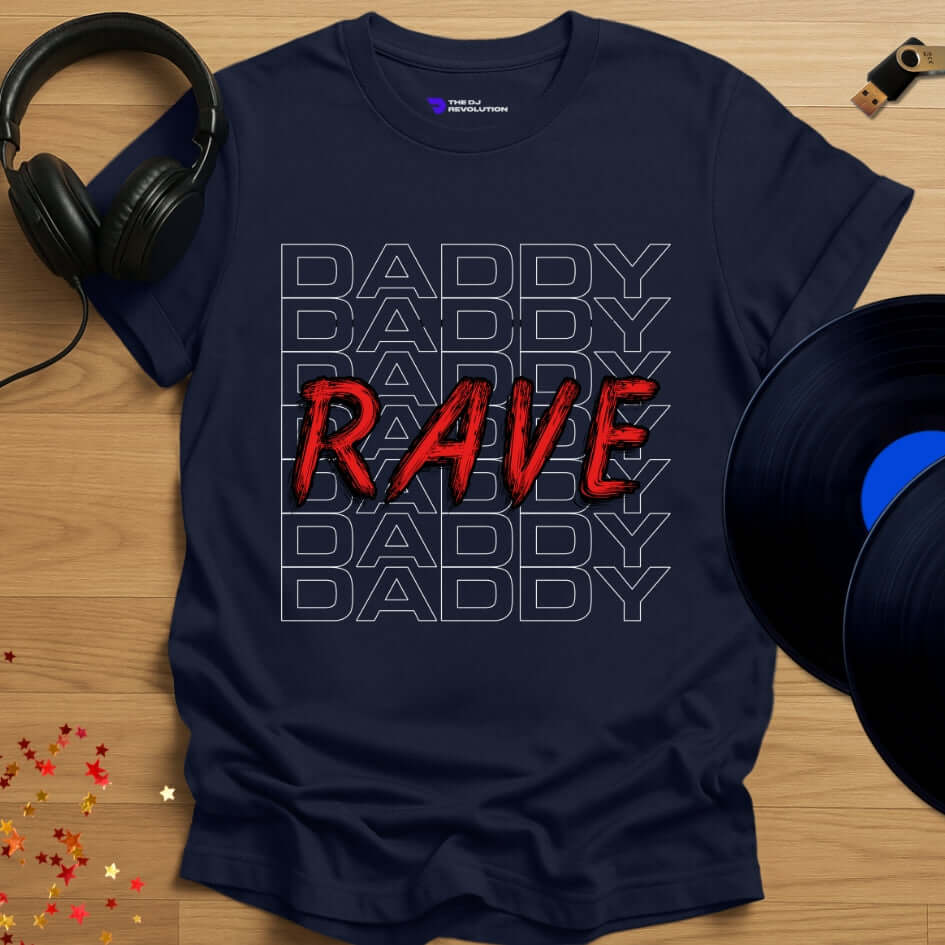 Funny DJ T-shirt, 'Rave Daddy' design in navy, front view