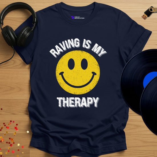 Rave DJ T-shirt, 'Raving Is My Therapy' design in navy, front view