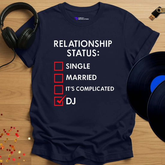 Funny DJ T-shirt, 'Relationship Status' design in navy, front view