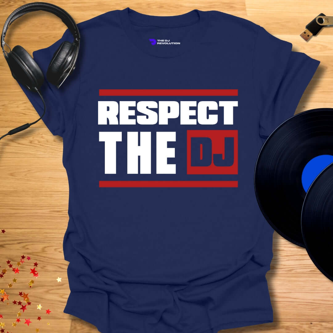 Unisex DJ T-shirt, 'Respect The DJ' design in navy, front view