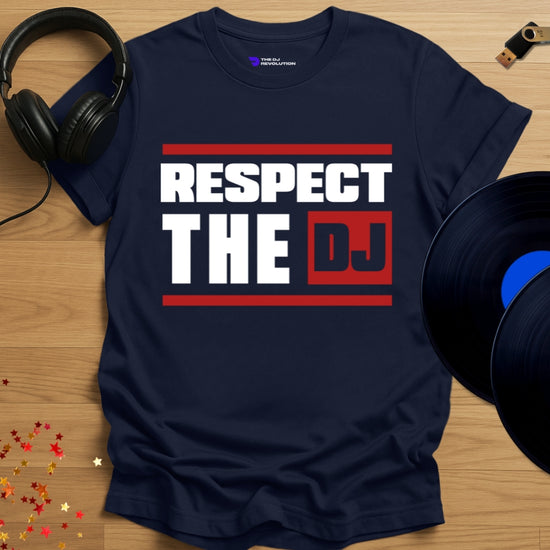 Unisex DJ T-shirt, 'Respect The DJ' design in navy, front view