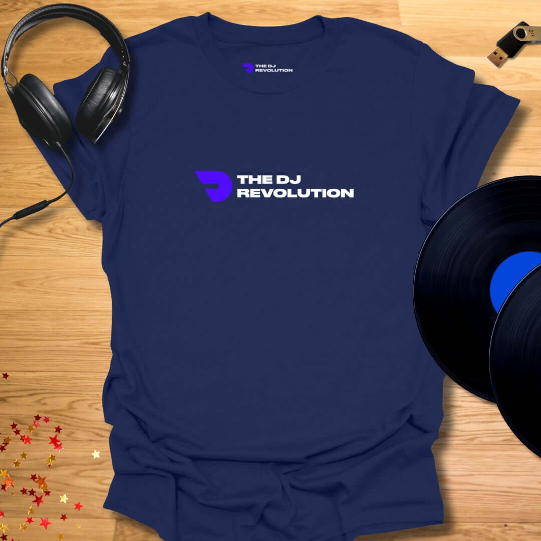 Unisex DJ T-shirt, 'The DJ Revolution' design in navy, front view