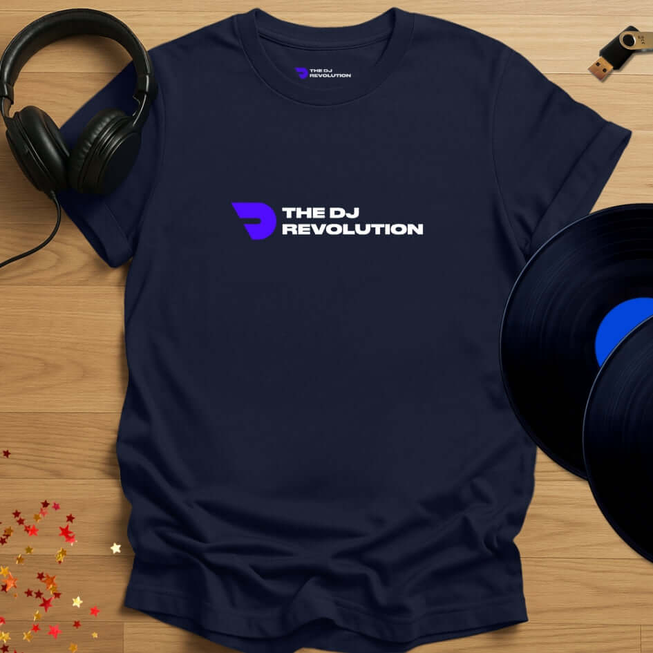 Unisex DJ T-shirt, 'The DJ Revolution' design in navy, front view