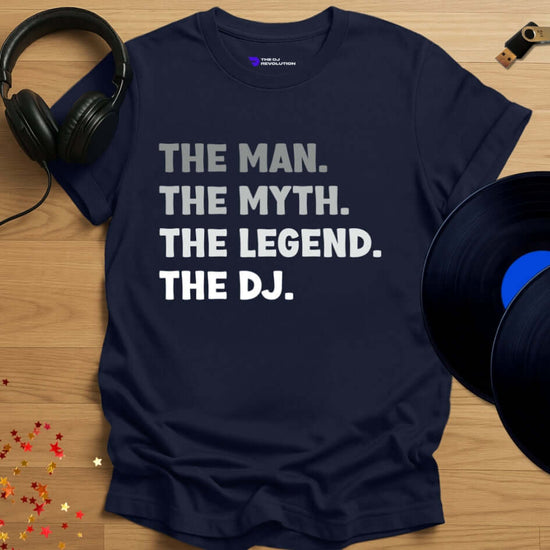 Funny DJ T-shirt, 'The Mythical DJ' design in navy, front view