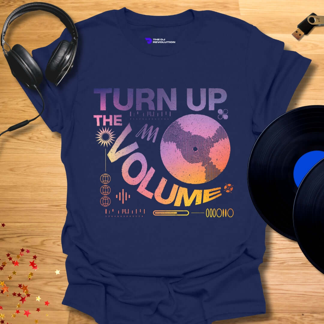 Unisex DJ T-shirt, 'Turn Up The Volume' design in navy, front view