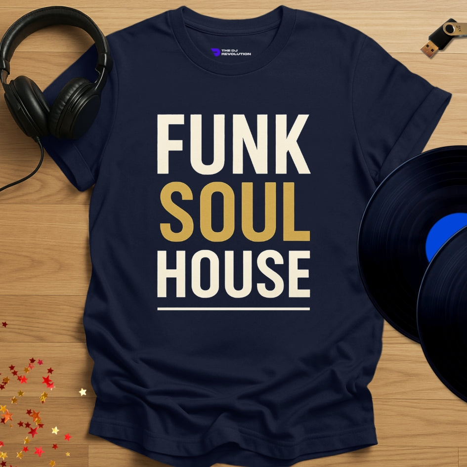 ‘Funk Soul House’ house music T-shirt in navy, front view