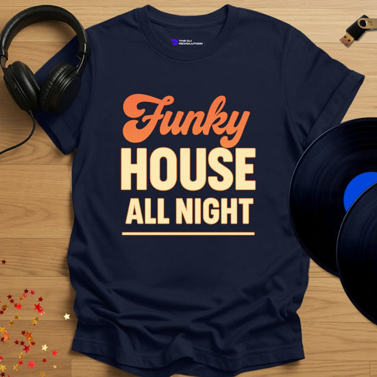 Funky House All Night house music T-shirt in navy, front view