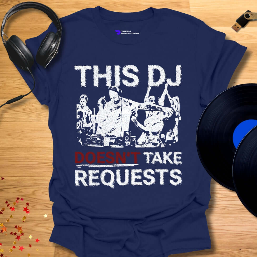 Funny DJ T-shirt, 'No Requests' design in navy, front view