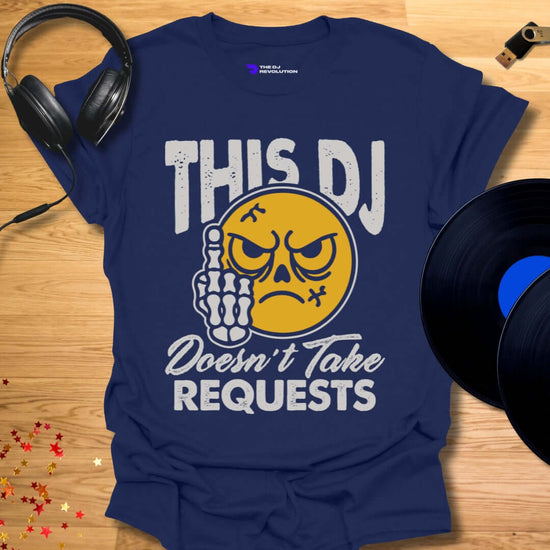 Funny DJ T-shirt, 'No Requests' design in navy, front view