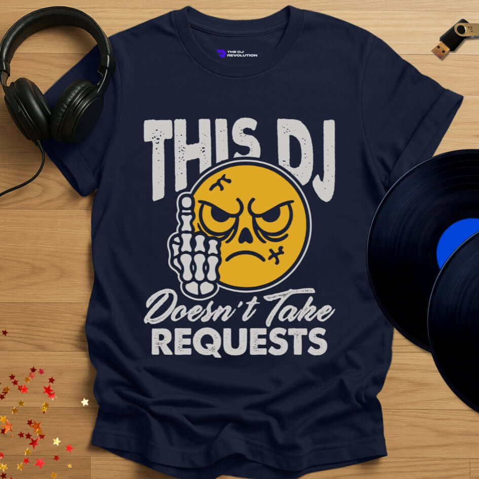 Funny DJ T-shirt, 'No Requests' design in navy, front view