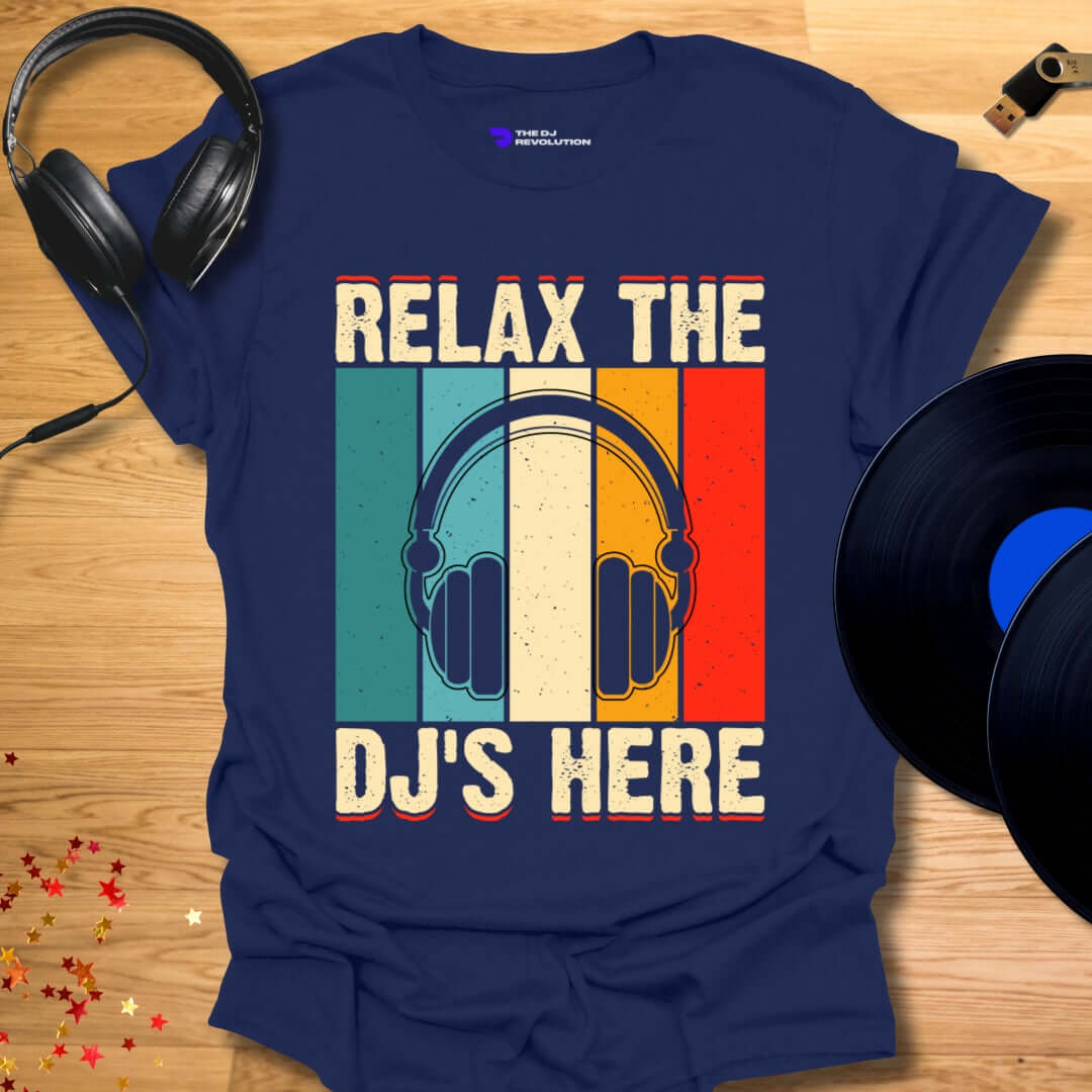 Funny DJ T-shirt, 'Relax the DJs Here' design in navy, front view