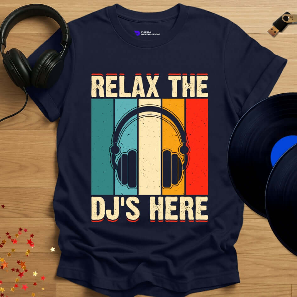 Funny DJ T-shirt, 'Relax the DJs Here' design in navy, front view