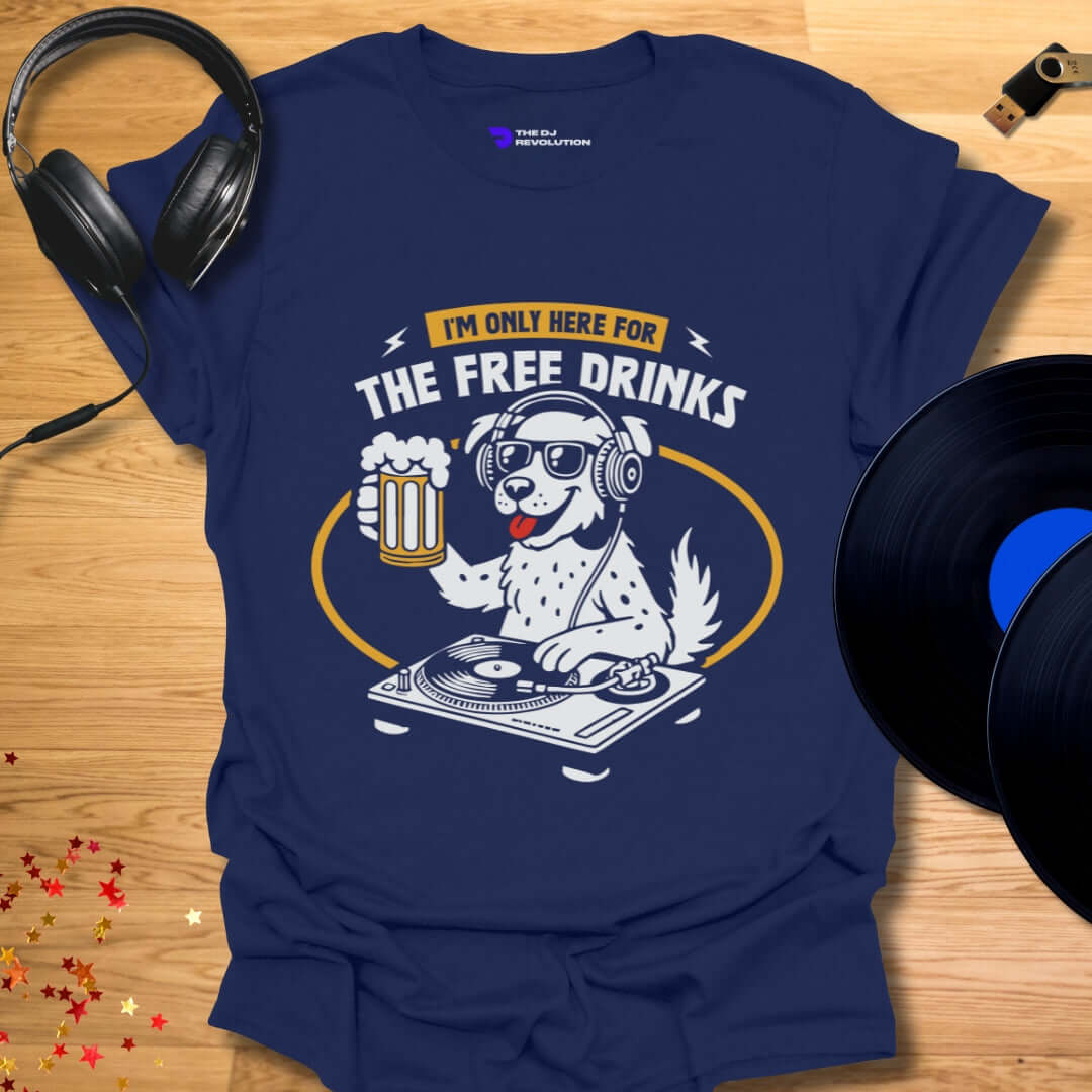 Funny DJ T-shirt, 'The Thirsty DJ' design in navy, front view