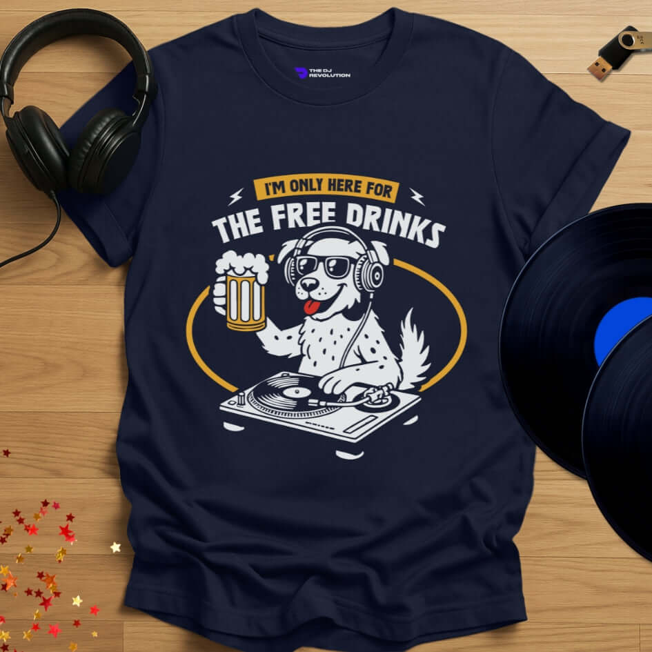 Funny DJ T-shirt, 'The Thirsty DJ' design in navy, front view