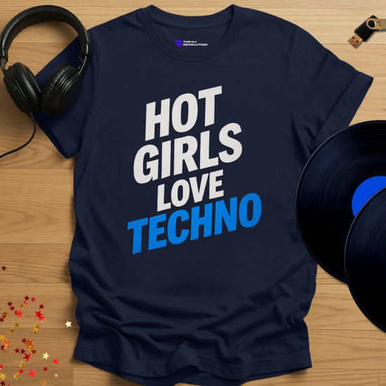 Hot Girls Love Techno T-shirt in navy, front view