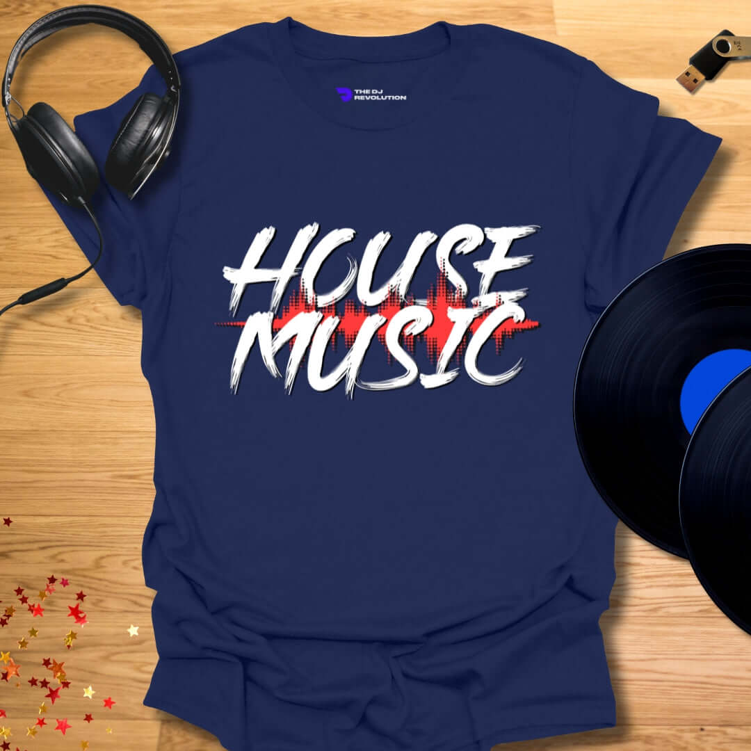 Unisex house music T-shirt, 'House Music' design in navy, front view